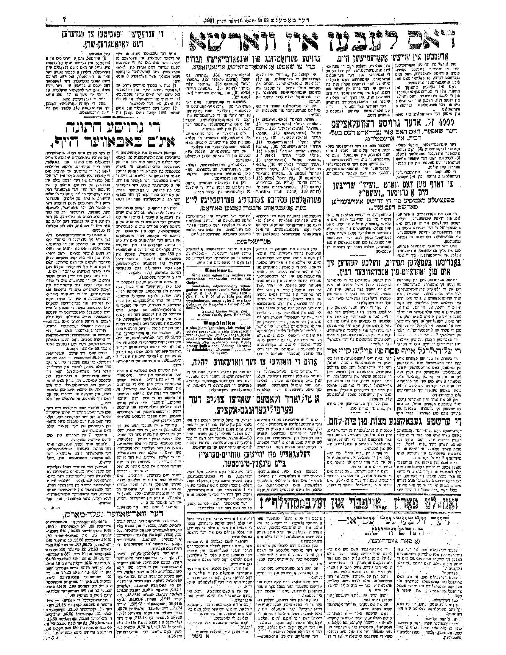 Der Moment, 15 March 1931, page 7: Yiddish report on the Bobover court wedding