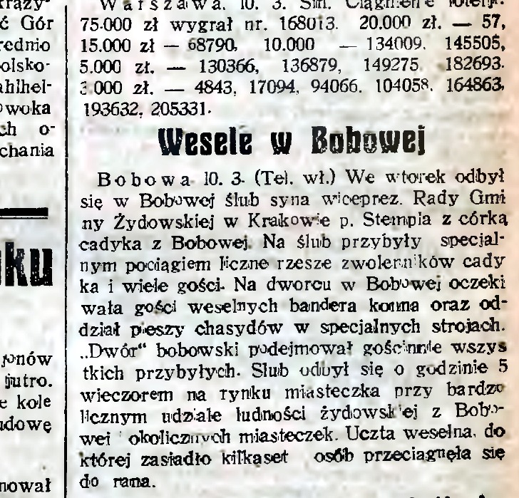 Nowy Dziennik, 12 March 1931: short report headed Wesele w Bobowej on the Halberstam–Stempel wedding