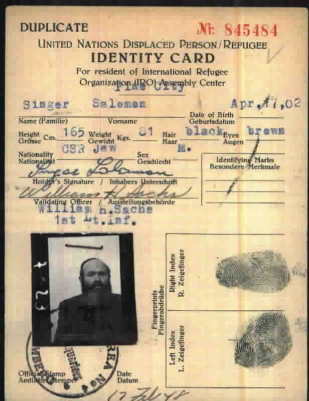 1948 United Nations refugee identity card for Salomon Singer, with his photograph