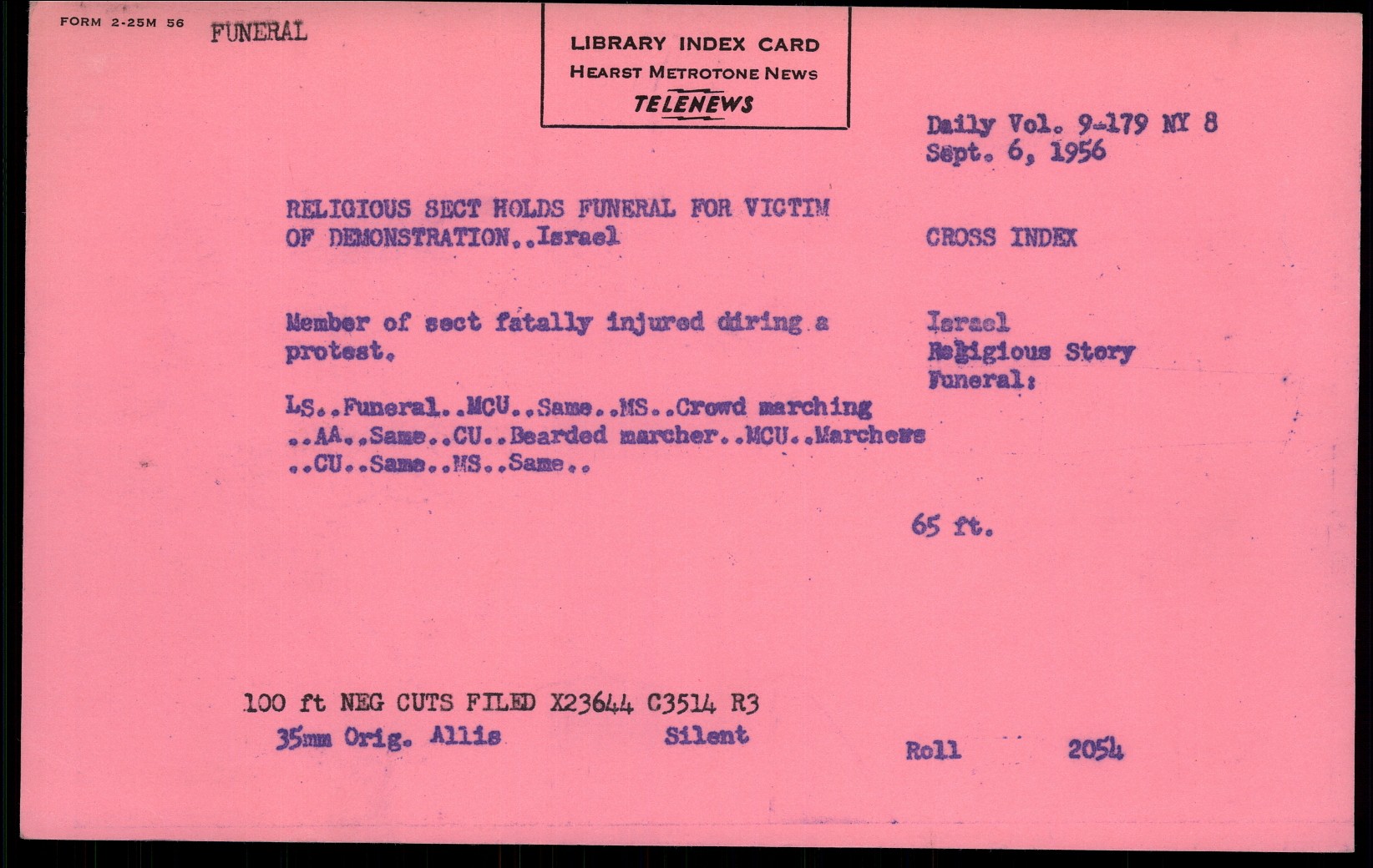 Hearst Metrotone News Telenews library card for the Jerusalem funeral, 6 September 1956