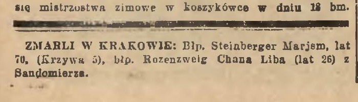 Nowy Dziennik, 14 October 1936: deaths listing Steinberger Marjem, age 70, Krzywa 5