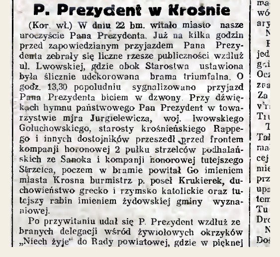 Kraków’s Jewish daily Nowy Dziennik, 27 July 1929: report headed P. Prezydent w Krośnie, naming the local rabbi in the welcoming party