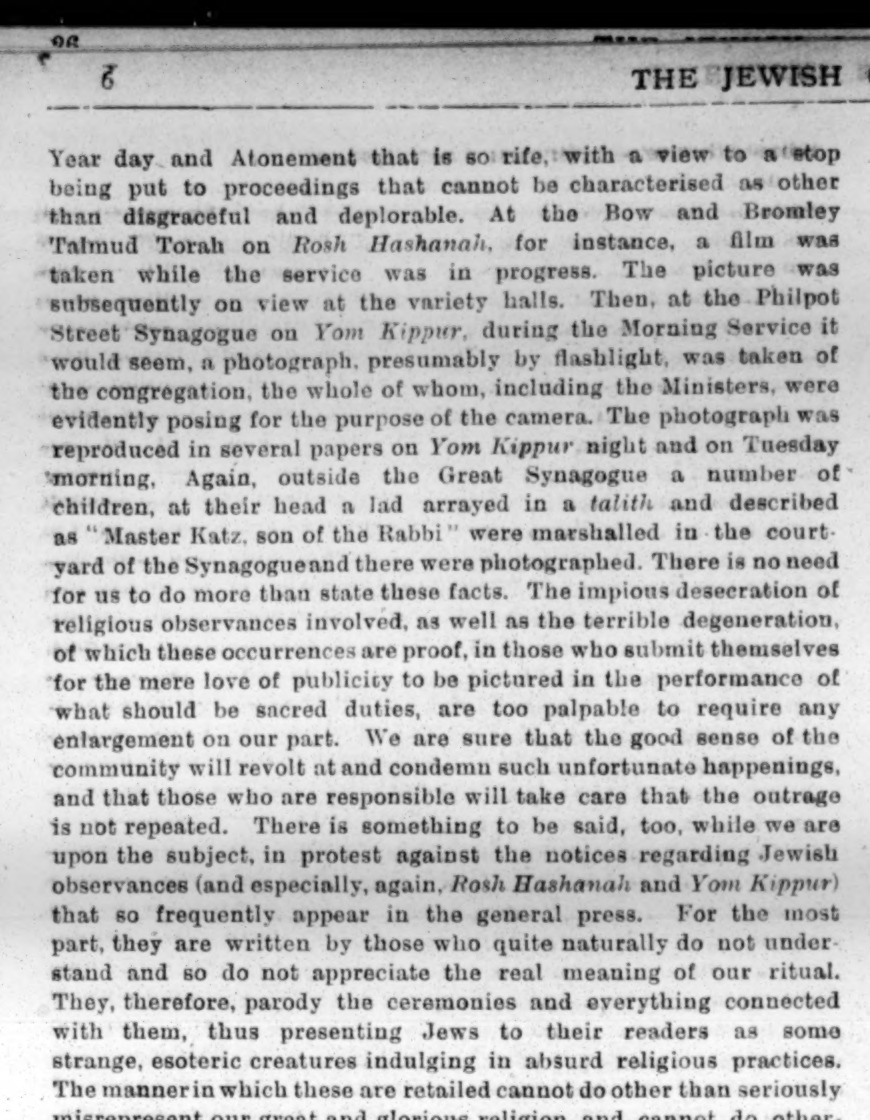Jewish Chronicle, 6 October 1922, page 6: editorial passage on a film taken at Bow and Bromley Talmud Torah on Rosh Hashanah