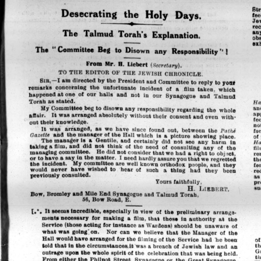 Jewish Chronicle, 13 October 1922, page 21: letter from H. Liebert disowning responsibility for the Pathé filming