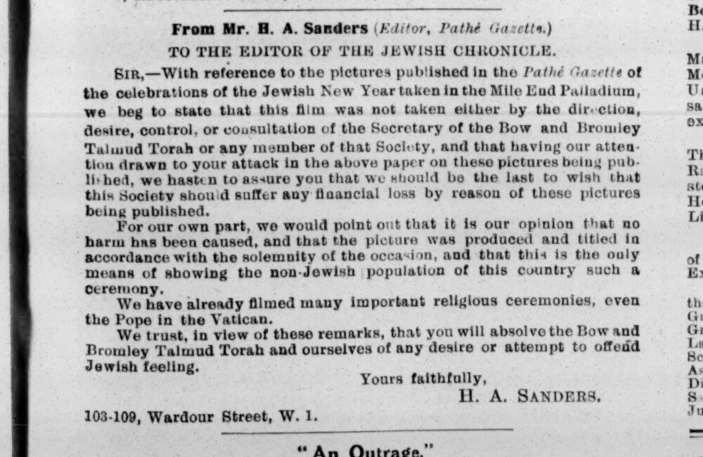 Jewish Chronicle, 13 October 1922, page 21: letter from H. A. Sanders of Pathé Gazette naming the Mile End Palladium