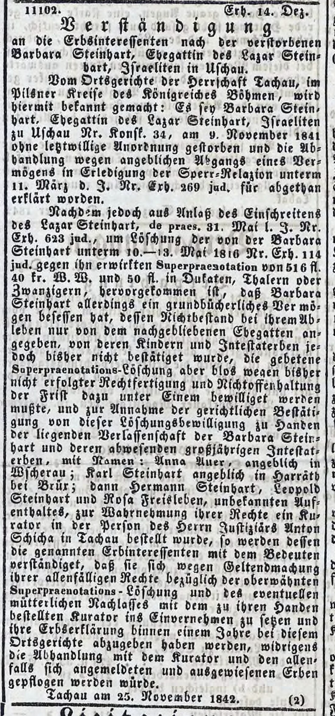 Amtsblatt zur Prager Zeitung, 20 December 1842, page 4: Tachau court notice naming Rosa Freisleben among the heirs of Barbara Steinhart of Uschau