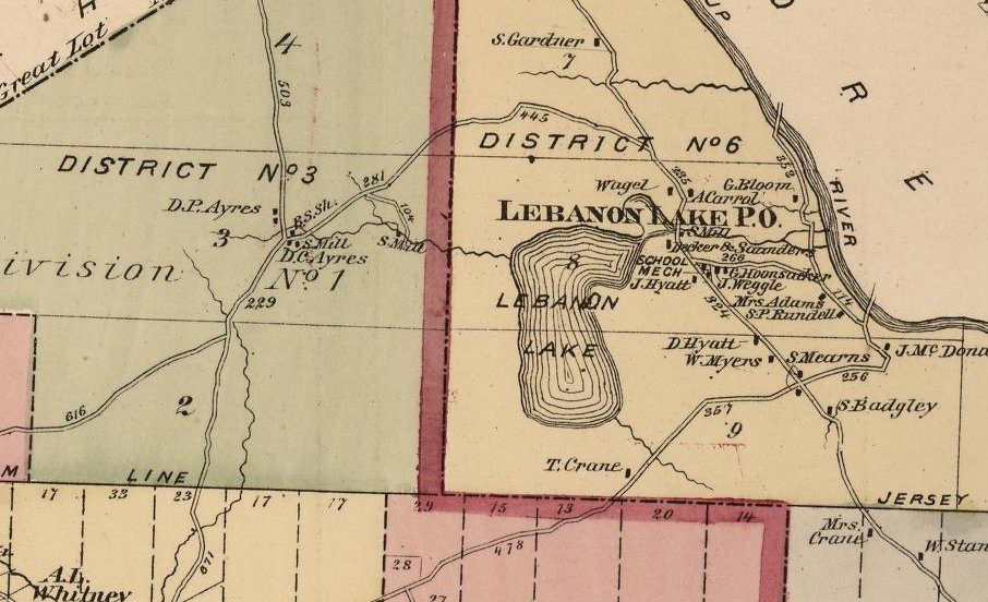Map of Lebanon Lake and the surrounding farms in Lumberland, Sullivan County, New York
