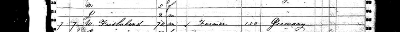 Cropped 1850 Lumberland census line for a seventy-year-old Frislabend farmer born in Germany