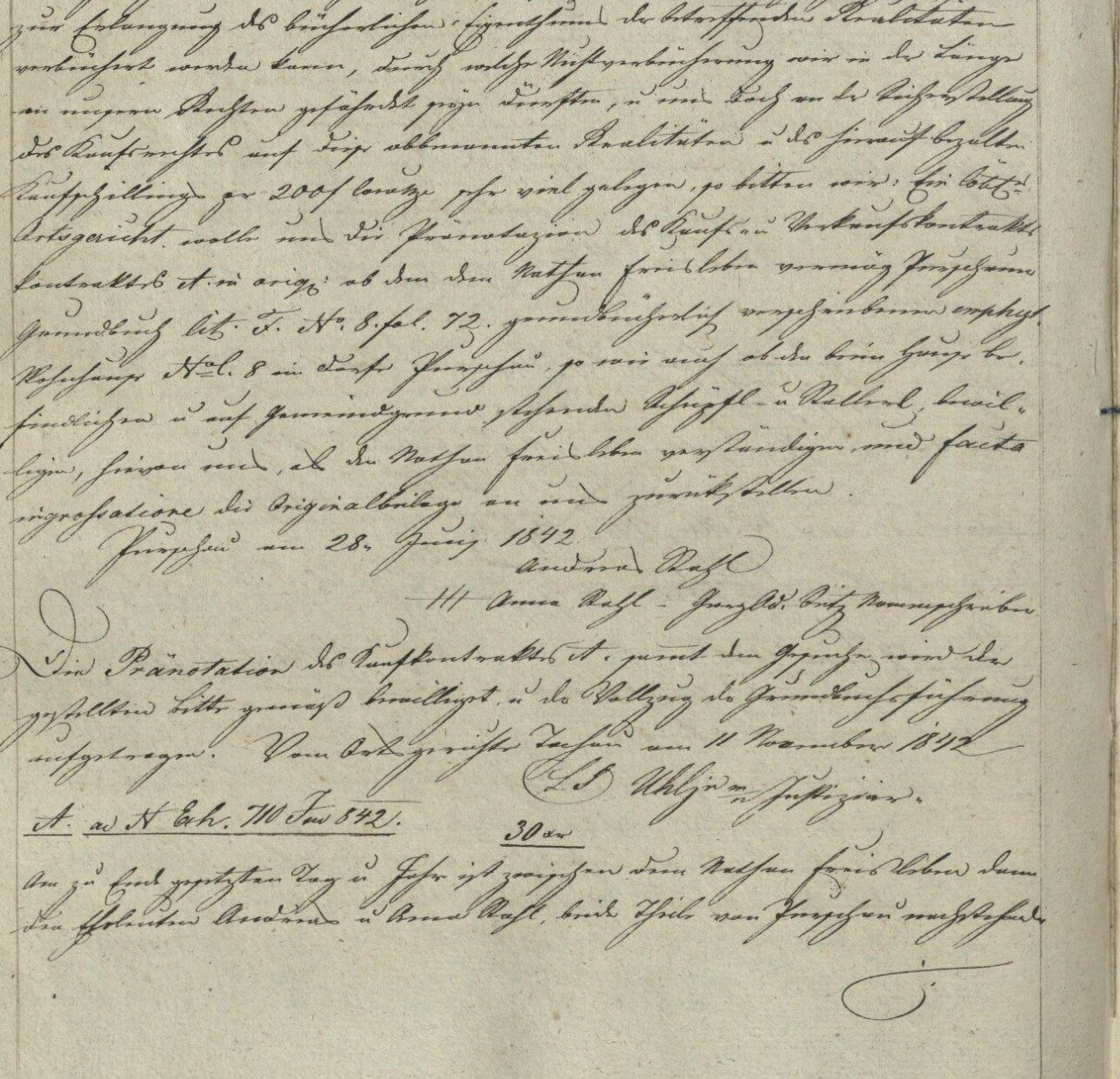 1842 sale: Nathan Freisleben to Andreas Stahl and Anna Stahl, with Andreas Stahl’s signature and Anna Stahl’s three crosses