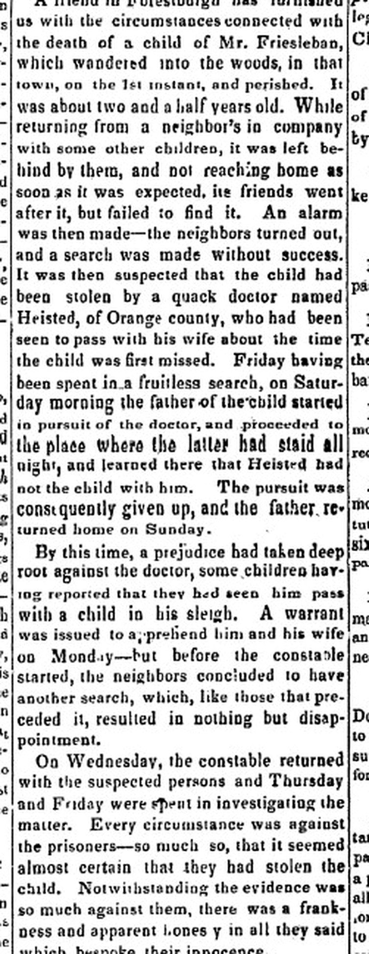 Republican Watchman, March 1844: a child of Mr. Friesleban lost in the Forestburgh woods