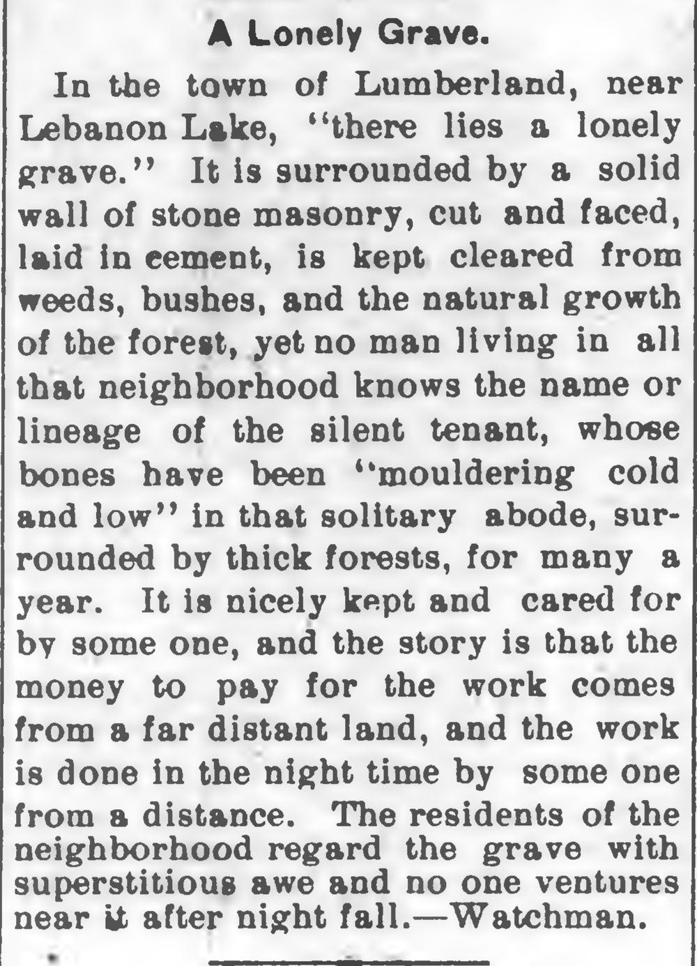 Newspaper column headed A Lonely Grave, describing the unidentified occupant of a walled grave near Lebanon Lake