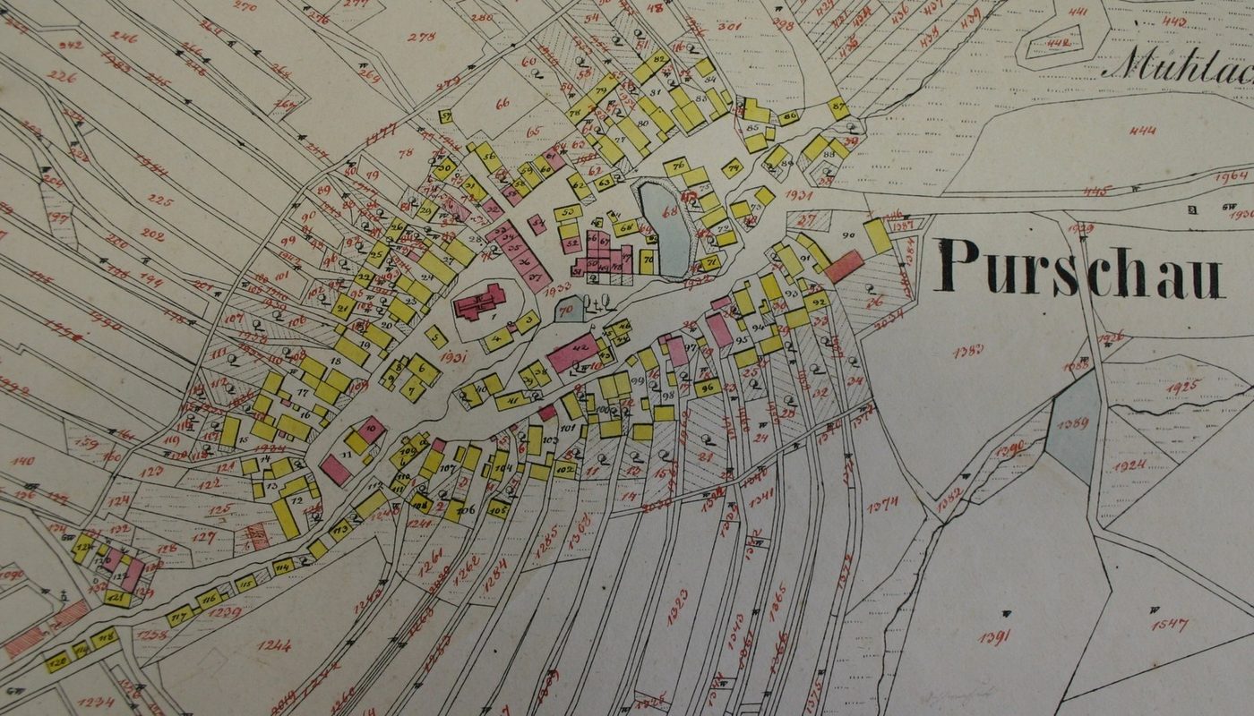 1838 cadastral map of Purschau, now Pořejov, with house numbers on the buildings