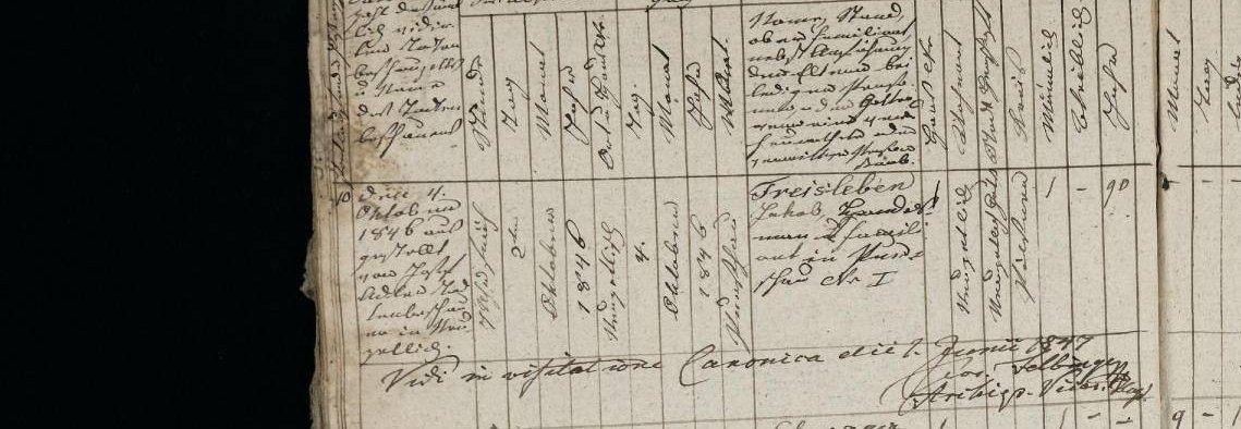 1846 death entry for Jakob Freisleben of Purschau, house no. 1