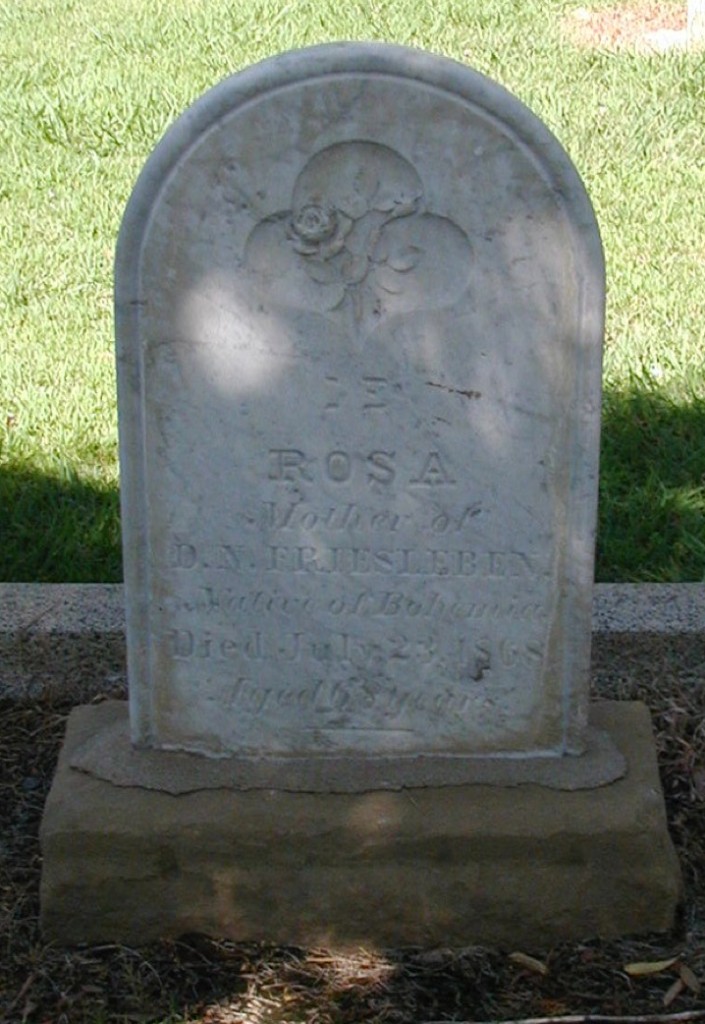 Rosa Friesleben’s gravestone in Oroville, California, identifying her as the mother of D. N. Friesleben