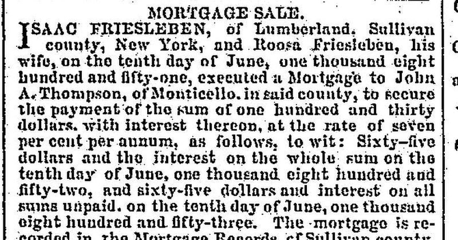 Mortgage-sale notice for land of Isaac Friesleben of Lumberland and Roosa Friesleben his wife