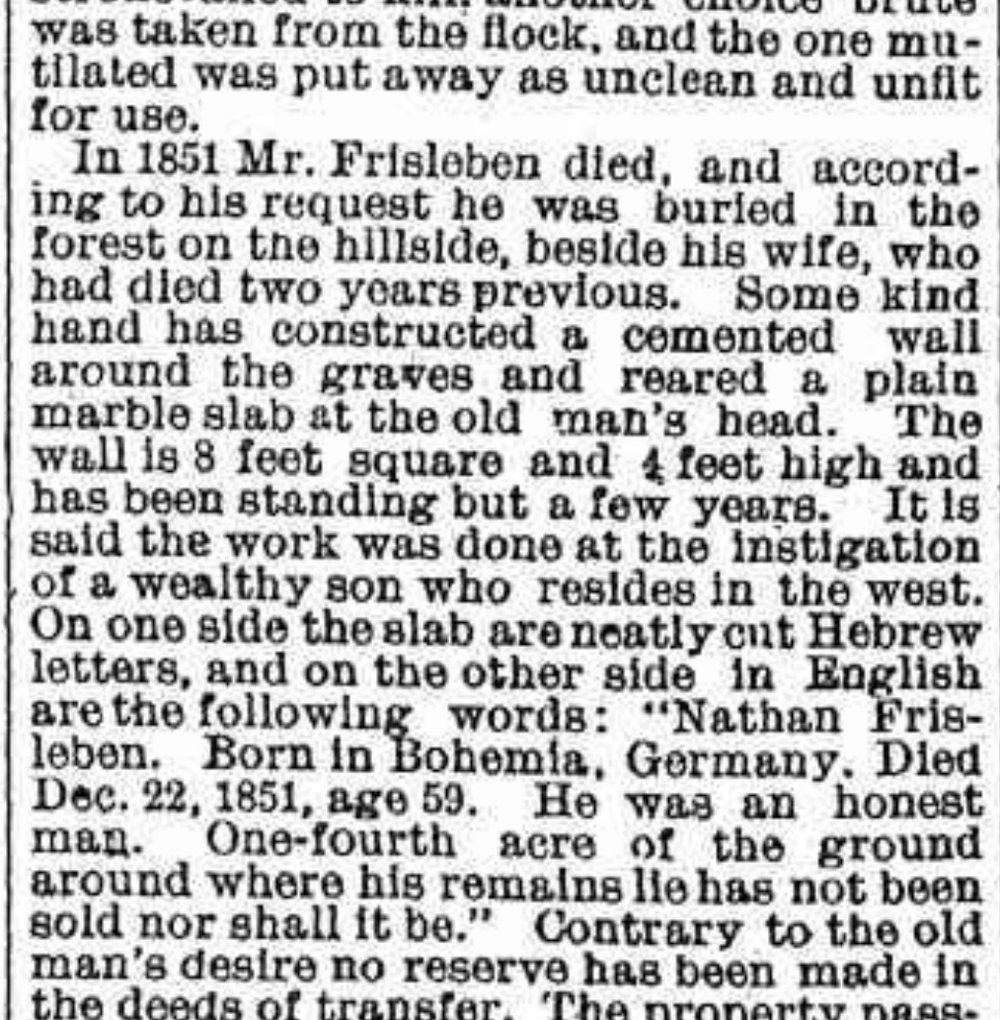 1894 column describing the cemented wall around Nathan Frisleben's grave and the wealthy son in the west