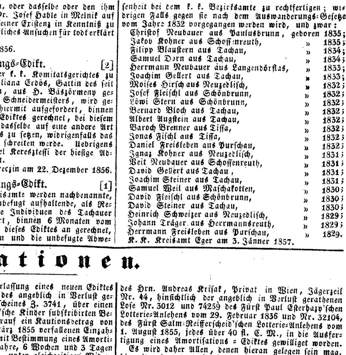 Printed list naming Daniel Freisleben of Purschau among men ordered home from America