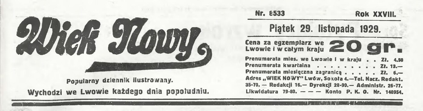 Masthead of Wiek Nowy, Friday 29 November 1929, published in Lwów