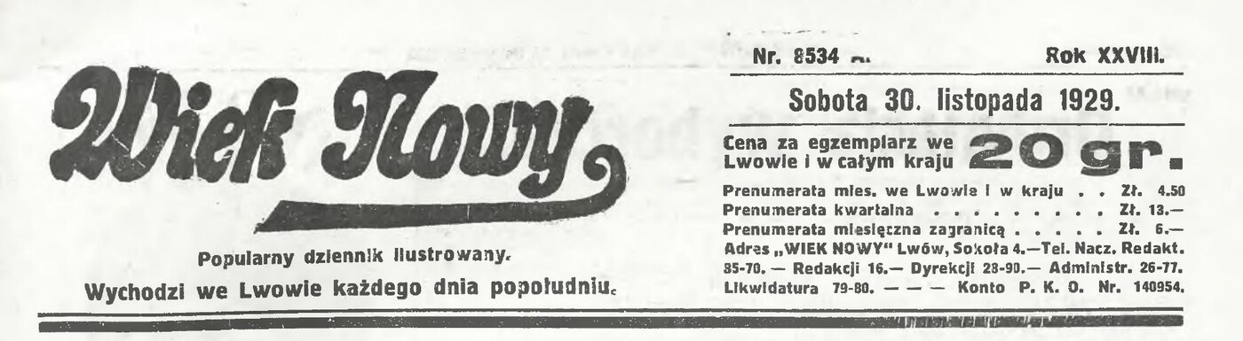 Masthead of Wiek Nowy, Saturday 30 November 1929, published in Lwów