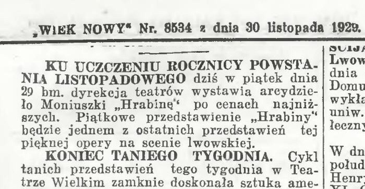 Wiek Nowy notice headed KU UCZCZENIU ROCZNICY POWSTANIA LISTOPADOWEGO, referring to Friday the 29th