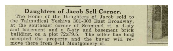 Record and Guide, 30 October 1920, on the sale of 301-303 East Broadway to the Talmudical Yeshiva