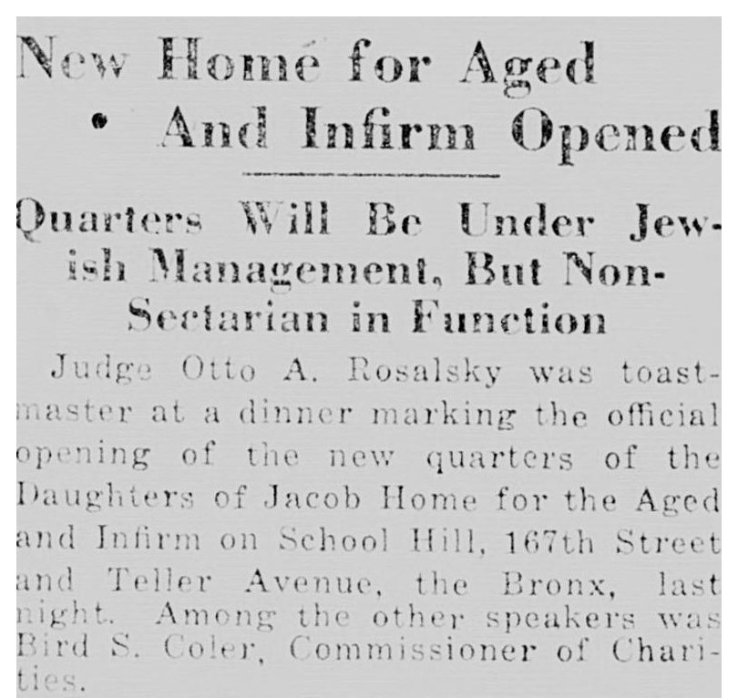New York Tribune, 31 May 1920, on the opening of the Daughters of Jacob home