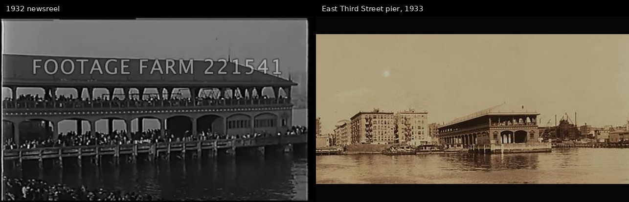 1932 newsreel two-level pier next to a 1933 photograph of the East Third Street recreation pier