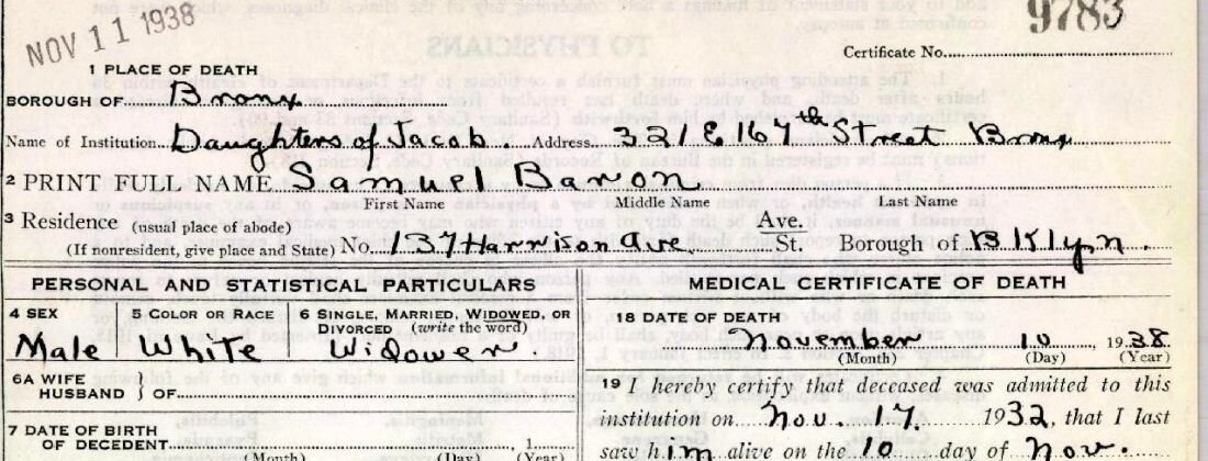 Cropped New York City death certificate header for Samuel Baron, age 106, place of death Daughters of Jacob, Bronx