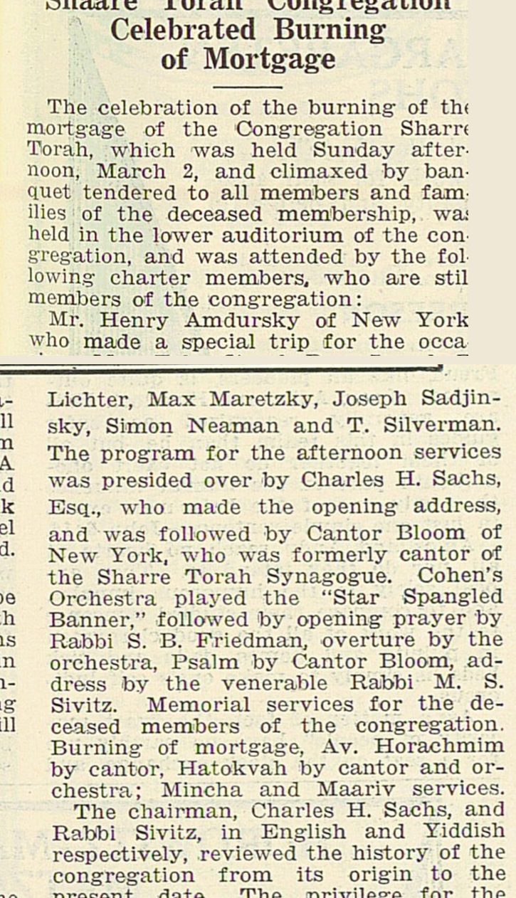 Jewish Criterion report on the Shaare Torah mortgage burning