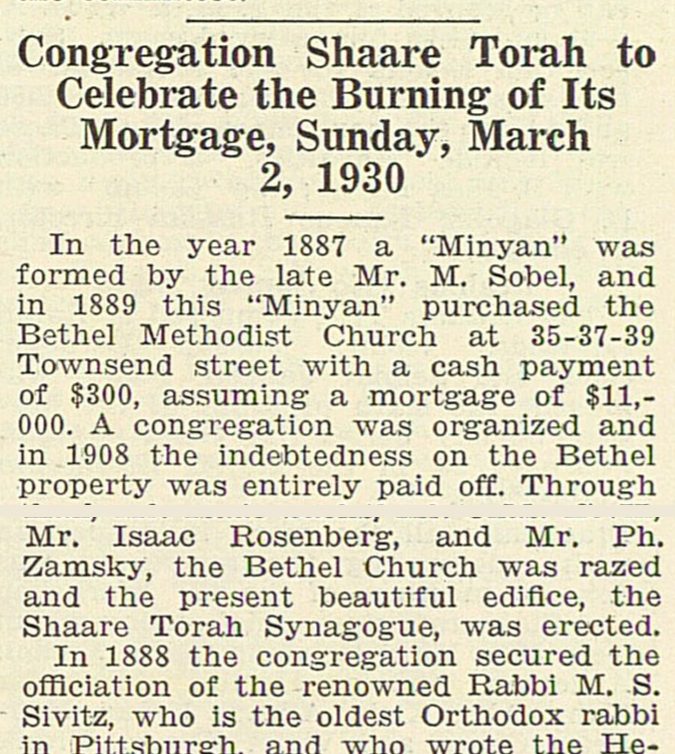Jewish Criterion article on the history of Congregation Shaare Torah