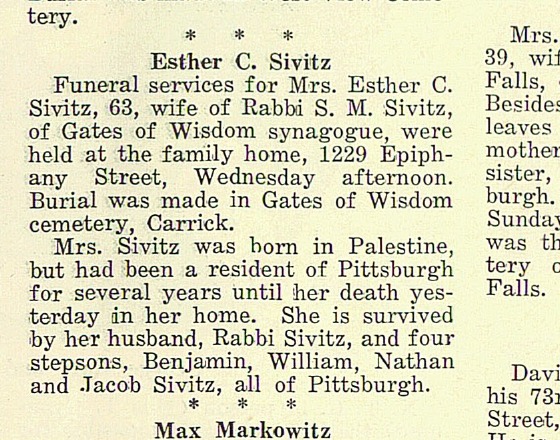 Jewish Criterion obituary of Esther C. Sivitz