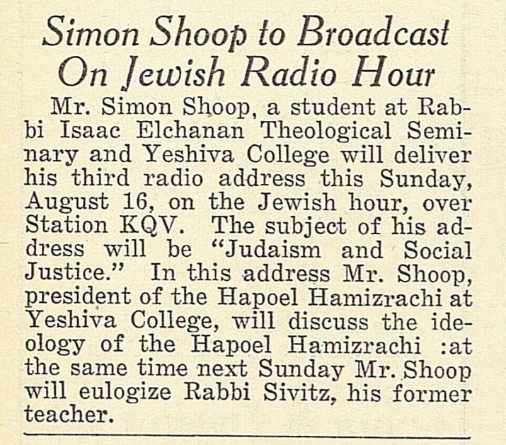 Jewish Criterion item: Simon Shoop to broadcast on Jewish radio hour