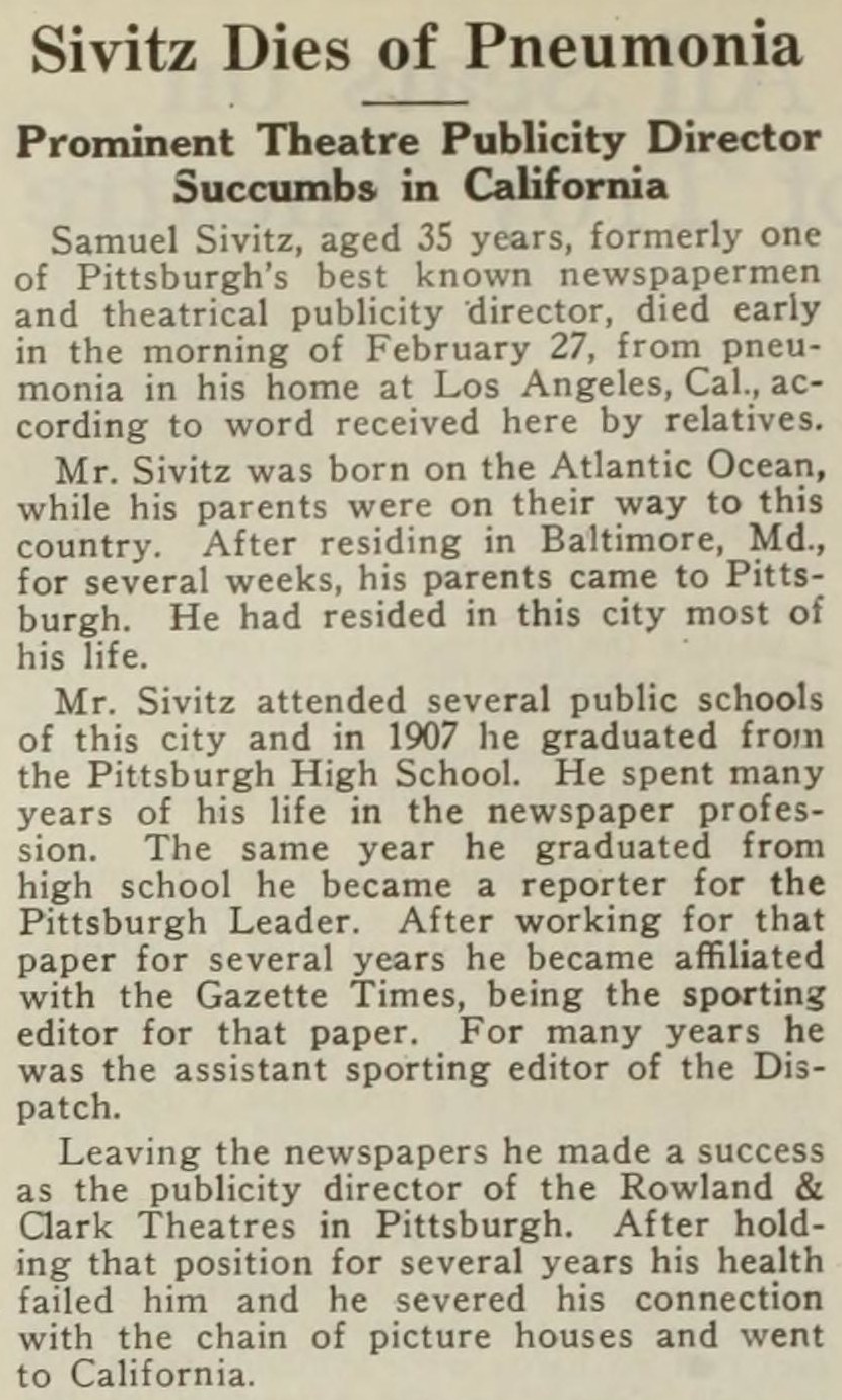 Moving Picture World obituary: Sivitz Dies of Pneumonia