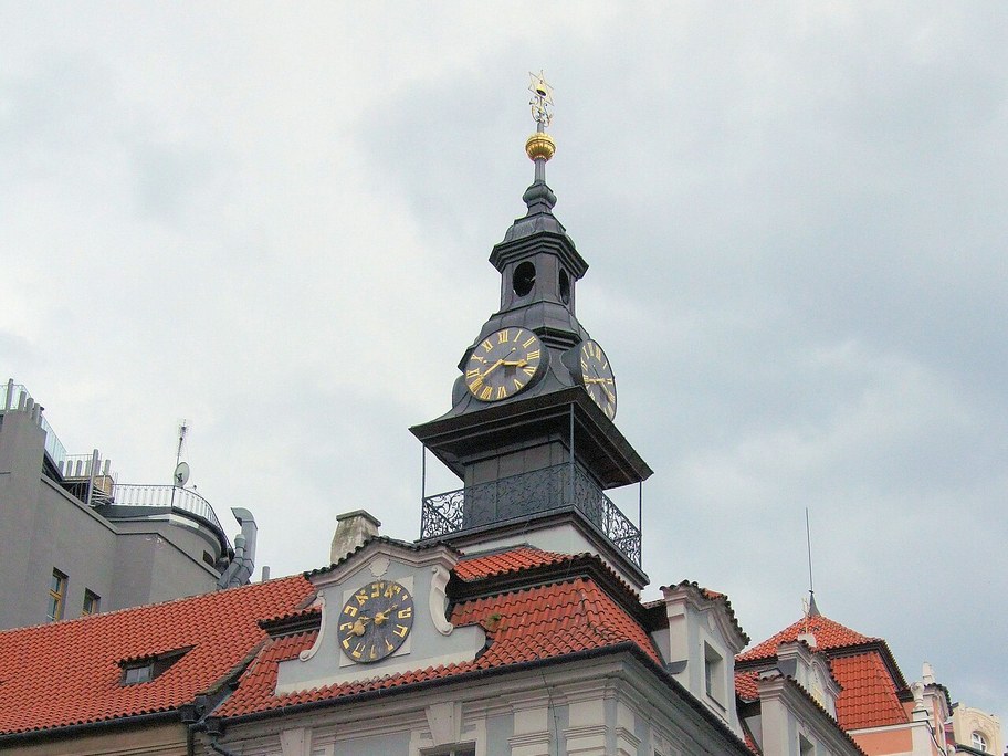 Jewish Town Hall today, Hebrew clock on the gable and Roman clock on the tower