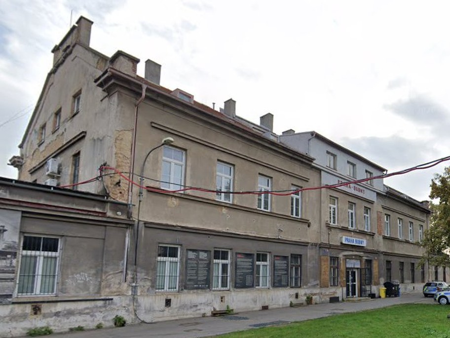 Praha-Bubny railway station facade today, with PRAHA-BUBNY lettering