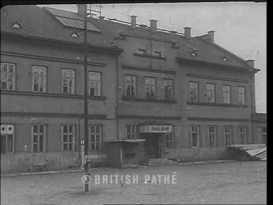 British Pathé frame of the Praha-Bubny station facade lettered PRAHA-BUBNY