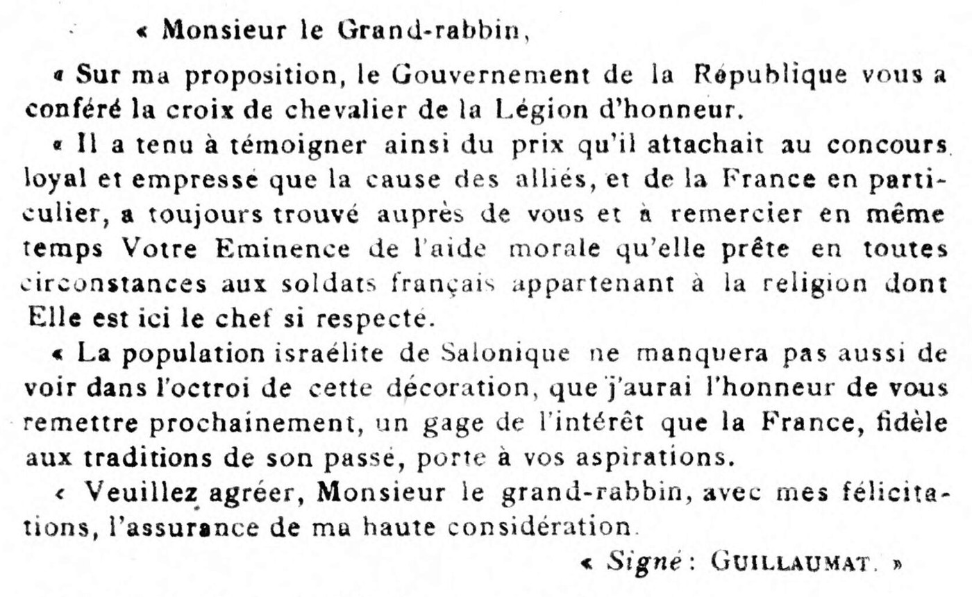 L’Univers israélite, 19 July 1918, page 449: General Guillaumat’s letter to Rabbi Jacob Meir on the Légion d’honneur
