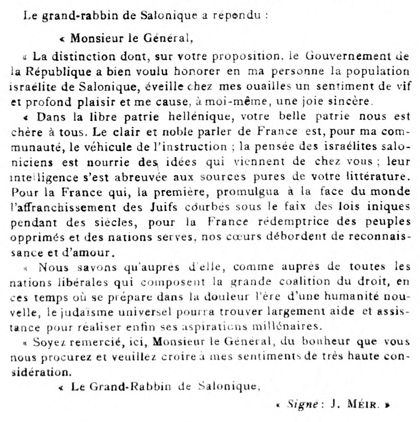 L’Univers israélite, 19 July 1918, page 449: Rabbi Jacob Meir’s reply to General Guillaumat