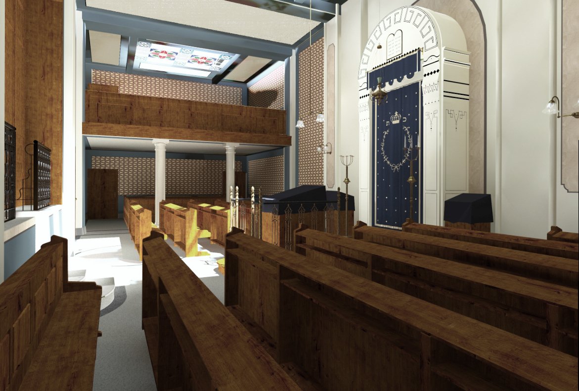 Virtual reconstruction of the Malzgasse shul interior with ark, bimah, and women’s gallery