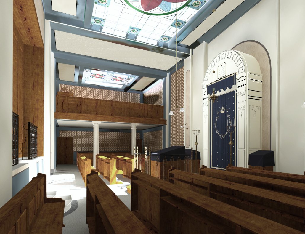 Virtual reconstruction looking toward the women’s gallery in the Malzgasse shul