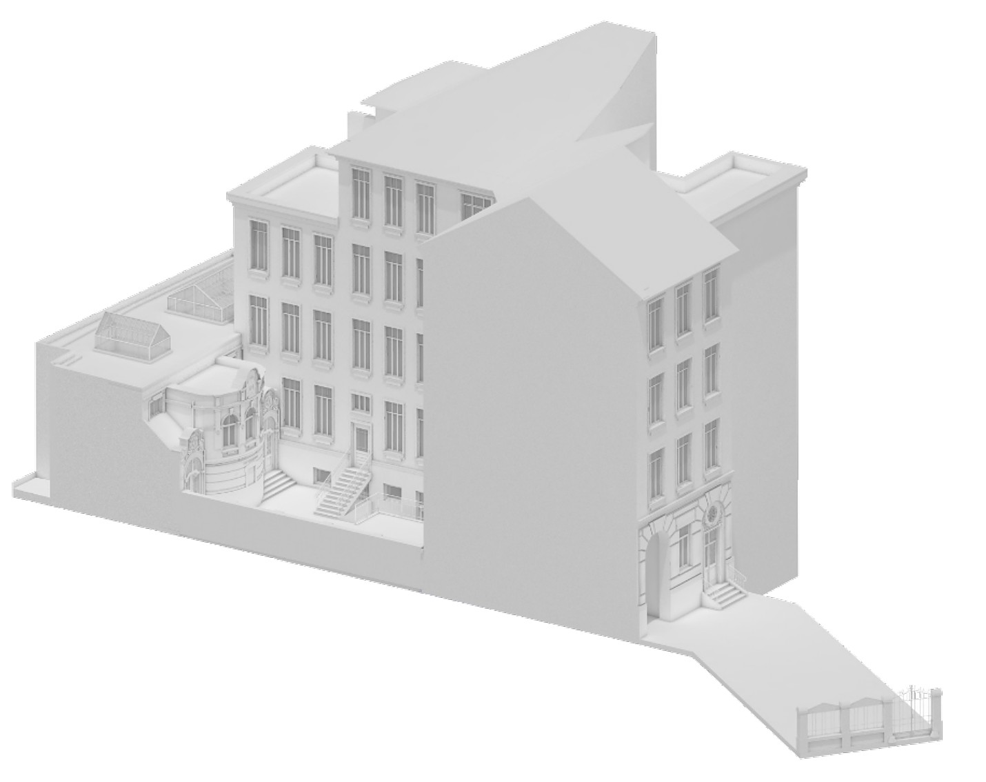 3D lot model of Malzgasse 16 in 1906, with the school toward the street and the shul on the courtyard